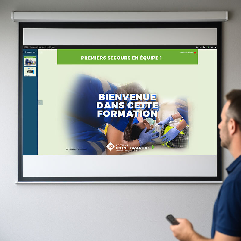Le diaporama numérique PSE Icone Graphic est le support de référence pour animer vos formations premiers secours en équipe de niveau 1