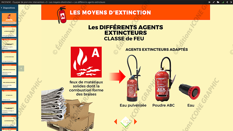 Le diaporama numérique EPI Icone Graphic est le support de référence pour animer vos formations equipier de premiere intervention (incendie manipulation des extincteur)