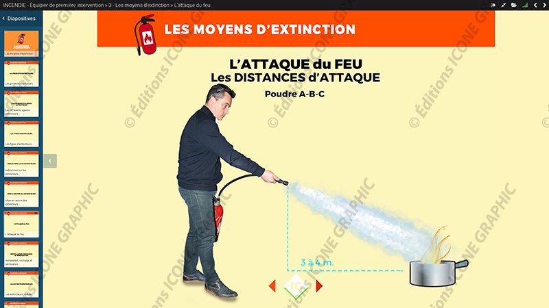 Le diaporama numérique EPI Icone Graphic est le support de référence pour animer vos formations equipier de premiere intervention (incendie manipulation des extincteur)