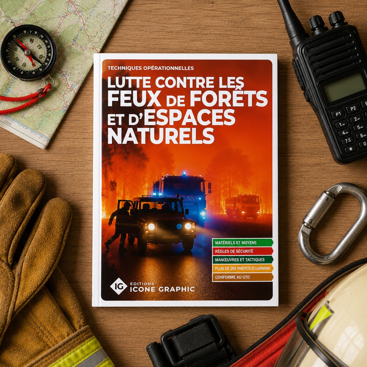 Image flat lay livre lutte contre les feux de forêt sapeurs-pompiers editions icone graphic.