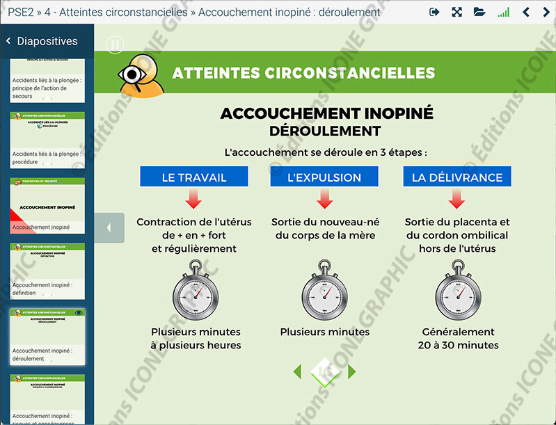 Le diaporama numérique PSE Icone Graphic est le support de référence pour animer vos formations premiers secours en équipe de niveau 2